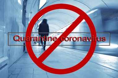 Dur işareti karantina koronavirüsü, taşımacılıkta karantina, metro insanları ulaşım yasağı konsepti
