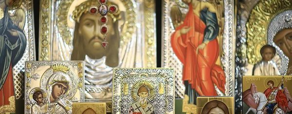 Kalambaka Grécia Setembro 2019 Ícones Ortodoxos Uma Loja Igreja Conceito — Fotografia de Stock