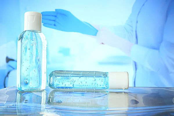 Female Doctor Disinfects Hands Antiseptic Doctor Hands Clean Gloves Antiseptic — Stock Photo, Image