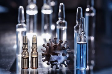 Şırınga ve ampul, koronavirüs aşısı, konsept tıp aşısı koruma covid 19