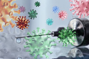 Şırınga ve ampul, koronavirüs aşısı, konsept tıp aşısı koruma covid 19