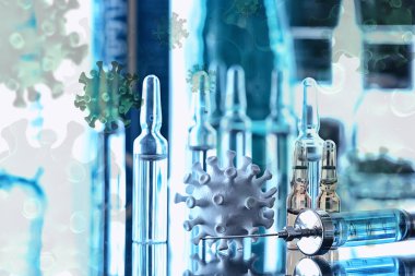 Şırınga ve ampul, koronavirüs aşısı, konsept tıp aşısı koruma covid 19