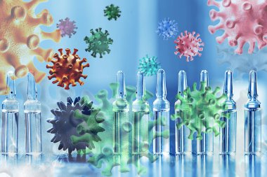 Şırınga ve ampul, koronavirüs aşısı, konsept tıp aşısı koruma covid 19