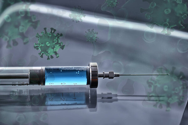 Шприц и ампула, коронавирусная вакцина, защита от вакцинации концептуальной медицины ковид 19
