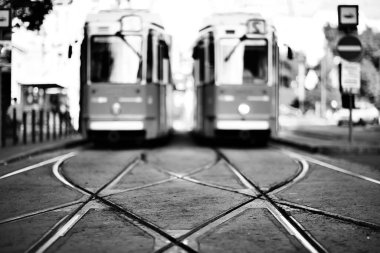 Trams şehir manzarası, bulanık arkaplan geleneksel Avrupa şehir manzarası, yaşam tarzı