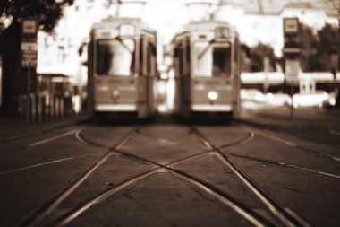 Trams şehir manzarası, bulanık arkaplan geleneksel Avrupa şehir manzarası, yaşam tarzı