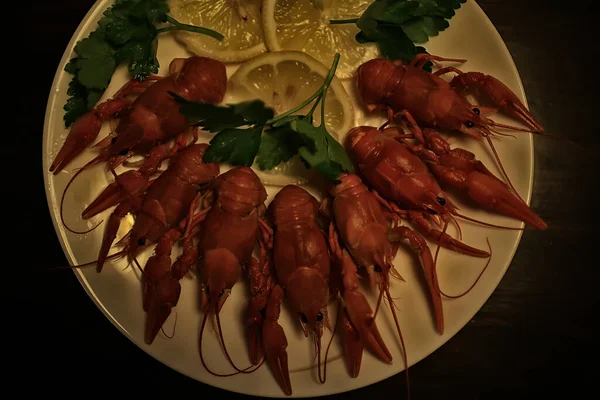 Cangrejos Río Cocidos Plato Artrópodos Río Rojo Mariscos Dieta Manjar —  Fotos de Stock