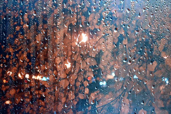 abstract autumn rain background in the night city, drops falling october night