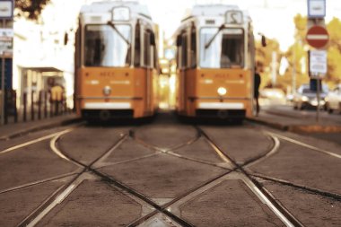 Trams şehir manzarası, bulanık arkaplan geleneksel Avrupa şehir manzarası, yaşam tarzı