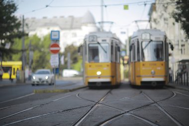 Trams şehir manzarası, bulanık arkaplan geleneksel Avrupa şehir manzarası, yaşam tarzı