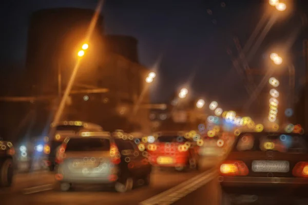 Verkeer Van Auto Nacht Stad Uitzicht Vanaf Auto Licht Abstracte — Stockfoto