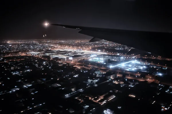 Night View Plane Night City Lights View Flight Trip — Stock Photo, Image