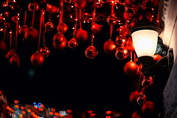 Fond Décoration Rouge Boules Noël Nuit Dehors Vacances Plein Air — Photo