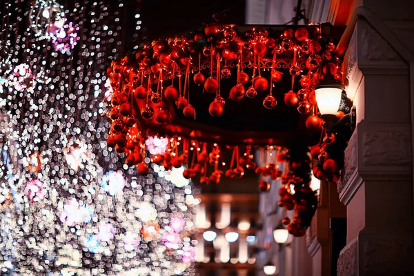 Fundo Decoração Vermelho Natal Bolas Noite Fora Livre Feriado — Fotografia de Stock