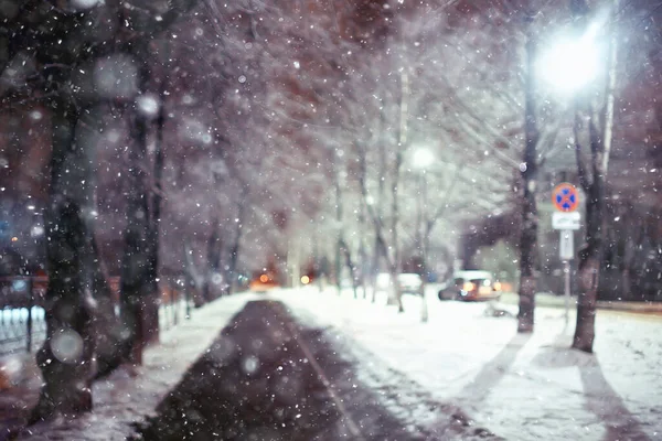 Abstract Blurred Background Landscape Christmas Snow City Street Falling Snowflakes — Stock Photo, Image