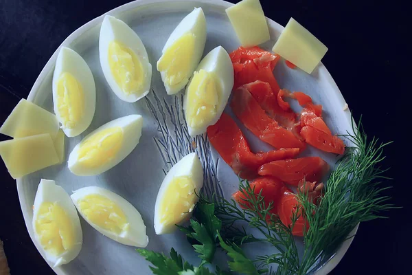 Huevos Hervidos Plato Desayuno Fondo Abstracto Comida Mañana Estilo Vida —  Fotos de Stock