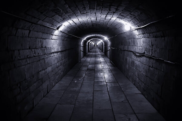castle tunnel view, gloomy underground passage perspective, old european castle, abstract view
