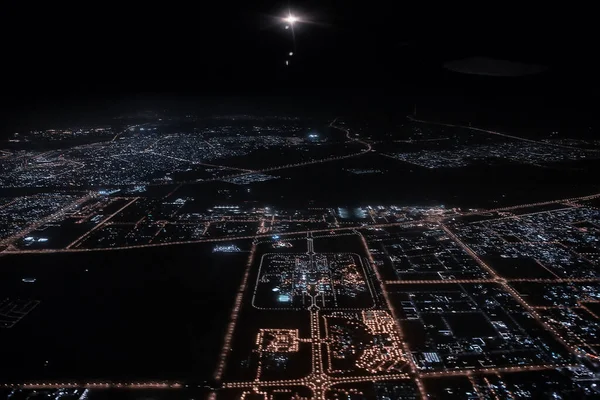 Нічний Вид Літака Ніч Місті Вогні Зверху Польотна Поїздка — стокове фото
