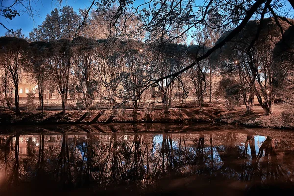 Nuit Dans Paysage Parc Vue Abstraite Sur Allée Les Arbres — Photo