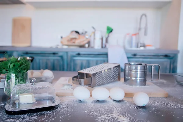 Preparazione Cibo Casa Farina Uova Sfondo Ingredienti Cottura Vista Dall — Foto Stock