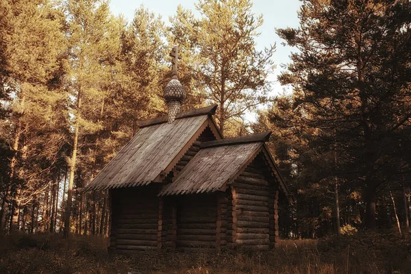 森林中的小木制教堂 夏季风景 本土正统信仰观念 — 图库照片