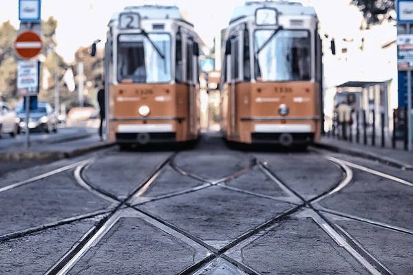 trams city landscape, blurred background traditional european city view, lifestyle