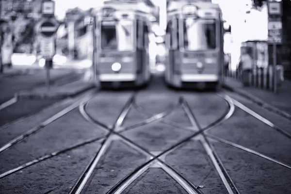 Trams City Landscape Blurred Background Traditional European City View Lifestyle — Stock Photo, Image