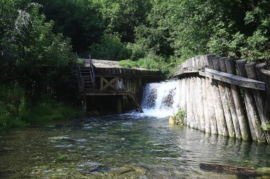 Sonbahar ormanlarındaki nehir, soyut manzara, küçük bir nehrin kıyısındaki ağaçlar.