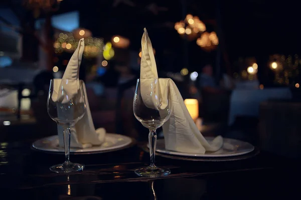 Romantik Abendessen Restaurant Tischdekoration Hintergrund Abstrakten Bar Tisch Essen Und — Stockfoto