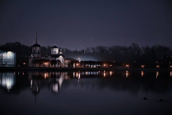 Night landscape church near russia river, abstract historical landscape architecture christianity in russia tourism