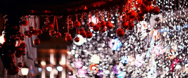 Fond Décoration Rouge Boules Noël Nuit Dehors Vacances Plein Air — Photo