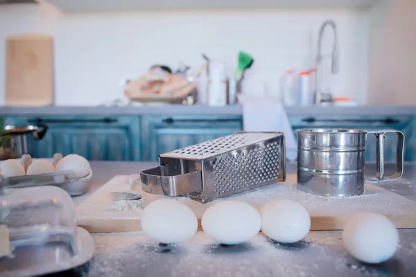 Приготовление Пищи Домашнем Фоне Яйца Муки Ингредиенты Выпечки Вид Сверху — стоковое фото