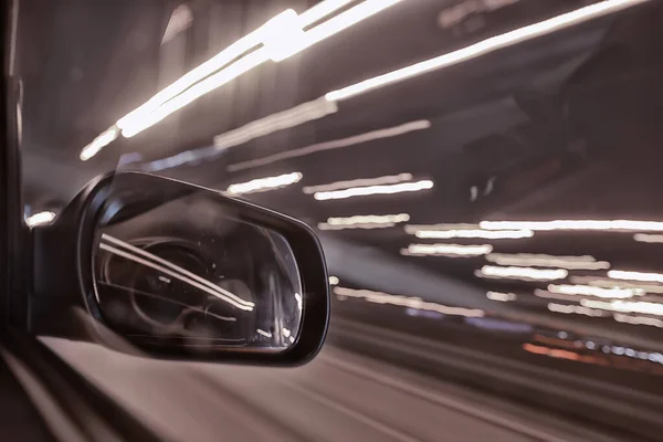 Night Trip Car Background Abstract Blurred Rear View Mirror Urban — Stock Photo, Image