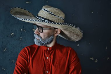 Gözlüklü, gri sakallı, şapkalı hippi adam. Duygusal model adam