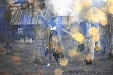 Aşk köyündeki klasik çift siyah-beyaz Fransız retro erkek ve kadın