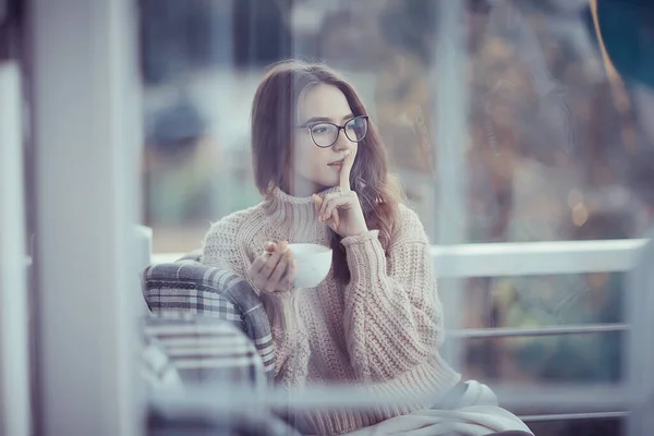 young girl in cafe, youth, lifestyle concept girl with glasses looking