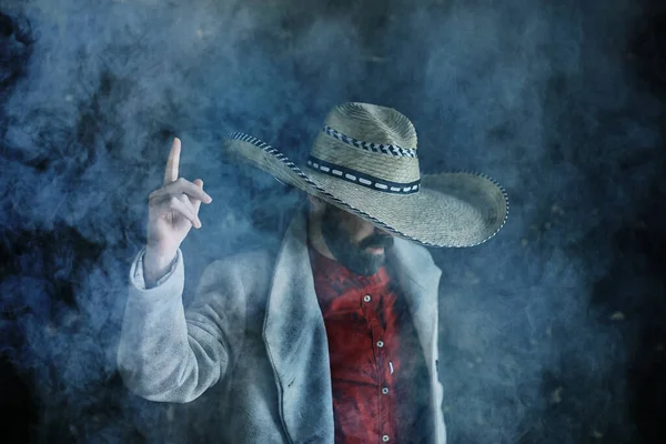Granjero Hipster Sombrero Paja Con Ala Humo Fumar Tabaco Estilo — Foto de Stock