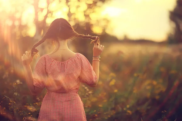 Pigtails View Back Young Adult Girl Rustic Style Happiness Freedom — Stock Photo, Image