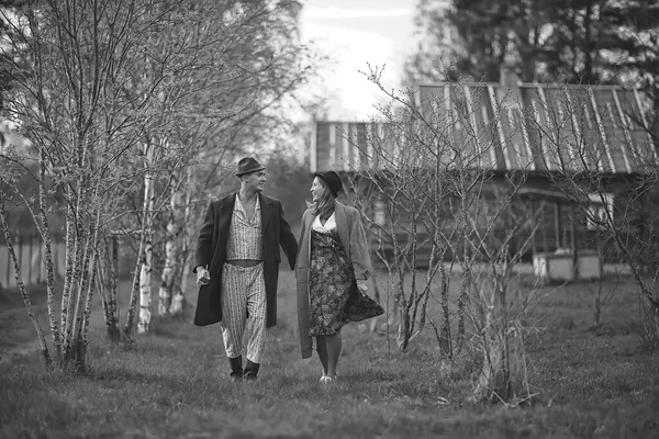 Vintage Couple Love Village Black White French Retro Style Man — Stock Photo, Image