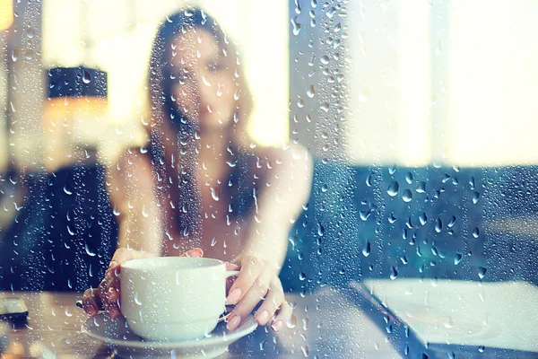 Autumn Coffee Rainy Day Girl Glass Cup Hot Coffee — Stock Photo, Image