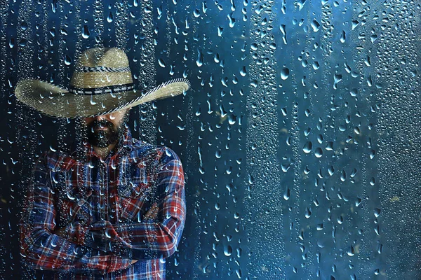 Farmář Slamáku Skleněnými Kapkami Deště Amerika Divoké Západní Sezónní Počasí — Stock fotografie
