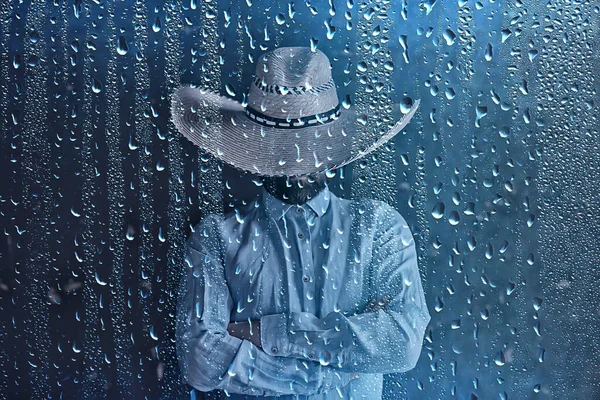 Granjero Sombrero Paja Detrás Gotas Lluvia Vidrio América Salvaje Oeste — Foto de Stock