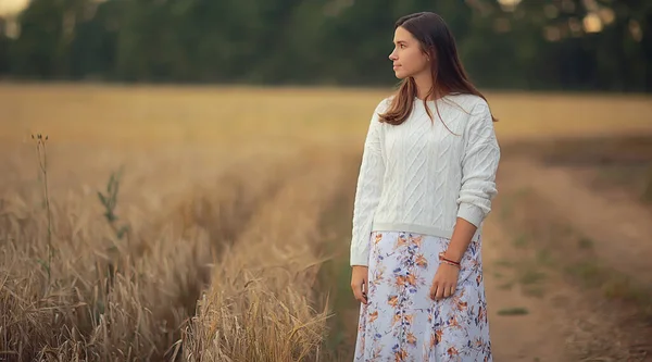 Mladá Brunetka Létě Dlouhými Vlasy Poli Šťastný Člověk Zdraví Krása — Stock fotografie