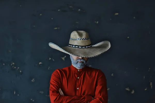 Vaquero Popa Sombrero Con Ala Paja Estilo Retro Vintage Hombre — Foto de Stock