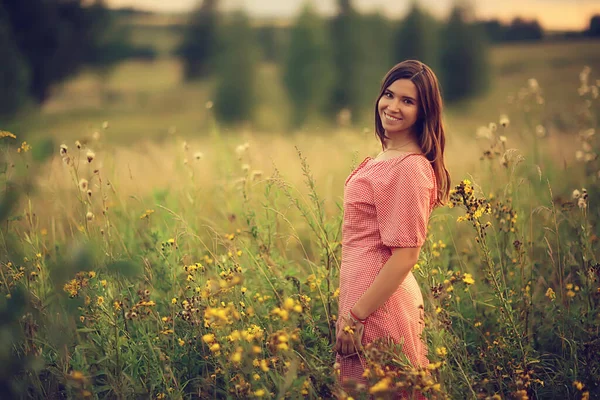 Girl Summer Dress Flowers Field Abstract Summer Look Wildflowers Warm — Stock Photo, Image