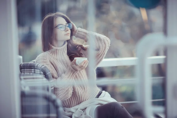 Happy Girl Autumn Cafe Sweater Concept Vision Model Glasses Posing — Stock Photo, Image