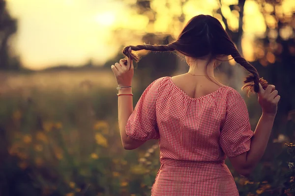 Pigtails View Back Young Adult Girl Rustic Style Happiness Freedom — Stock Photo, Image
