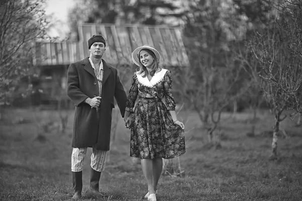 vintage couple in love village black and white french retro style man and woman