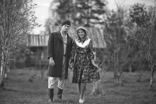 Vintage Couple Amour Village Noir Blanc Français Style Rétro Homme — Photo