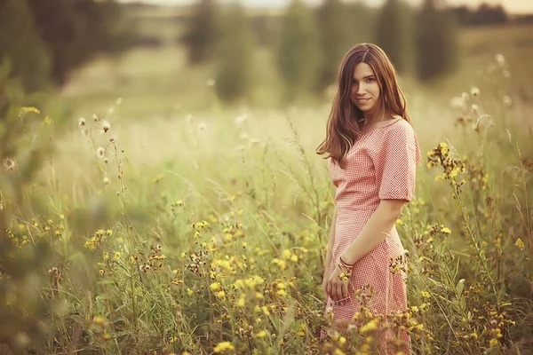 Mädchen Sommerkleid Blumen Feld Abstrakte Sommer Look Wildblumen Warmes Porträt — Stockfoto